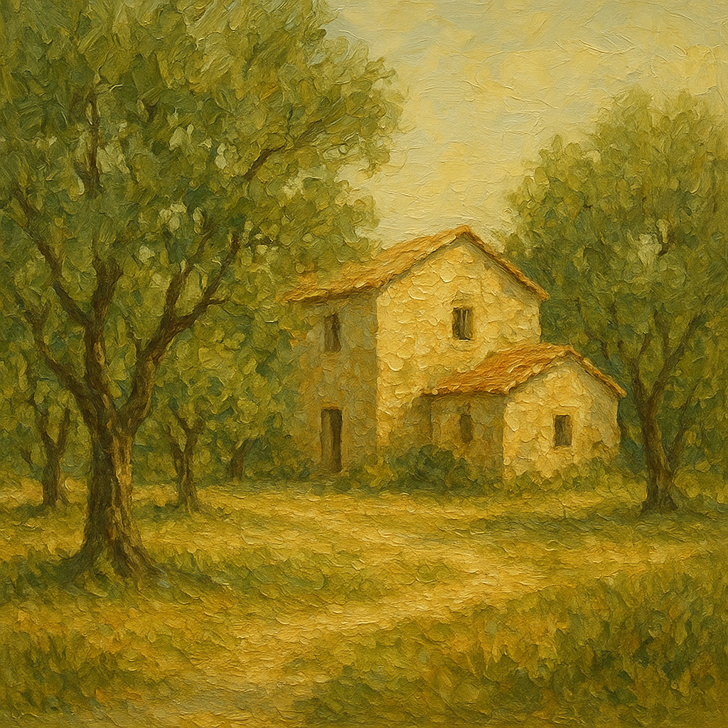 Vintage Olive Grove & Stone Farmhouse No. 5 Oil Painting - 100% Hand-Painted Master Oil Painting
