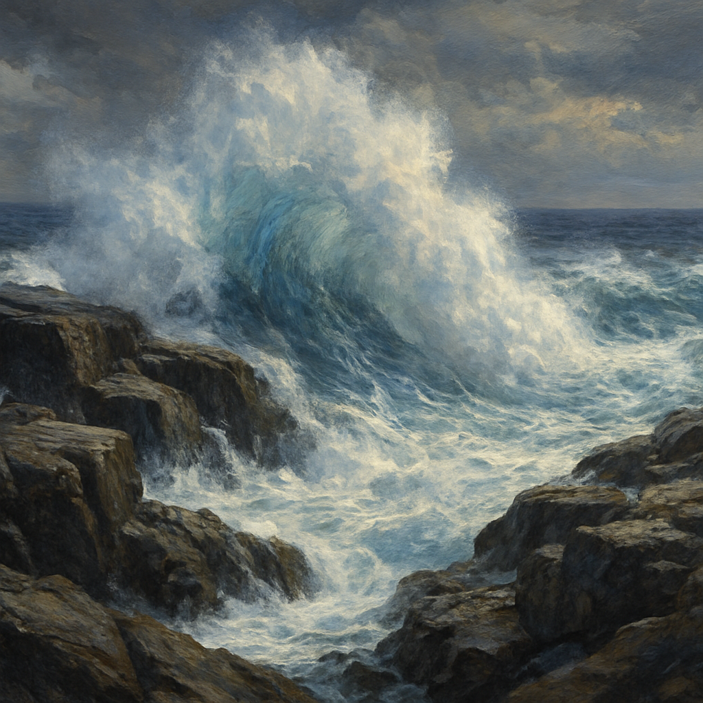 Dramatic Storm Waves on Crashing Granite Rocks No. 9 Fine Art Oil Painting - View 1