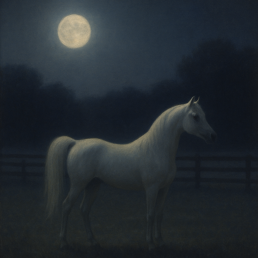 Moonlit Paddock with White Arabian Silhouette No. 20 Oil Painting - View 1
