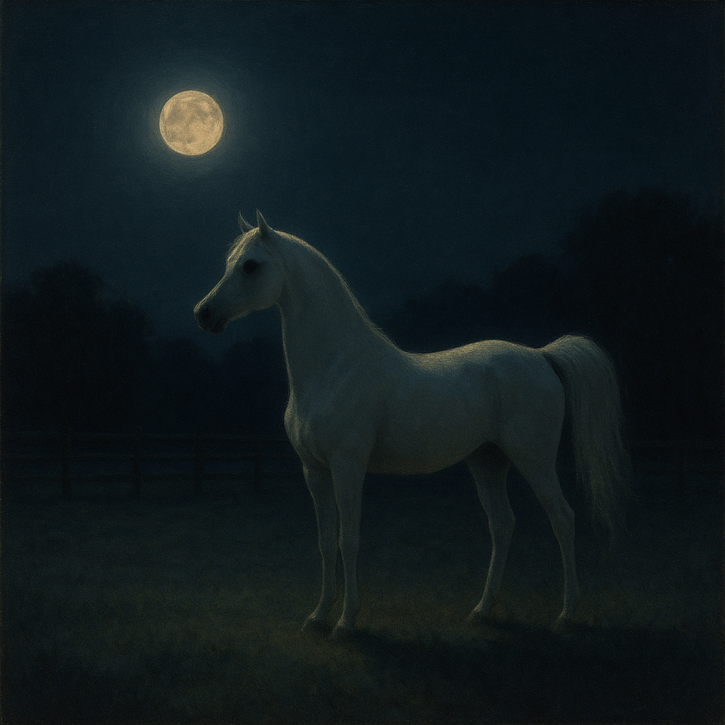 Moonlit Paddock with White Arabian Silhouette No. 13 Oil Painting 100% Hand Painted Oil on Belgian Linen Canvas, Original Fine Art Wall Decor