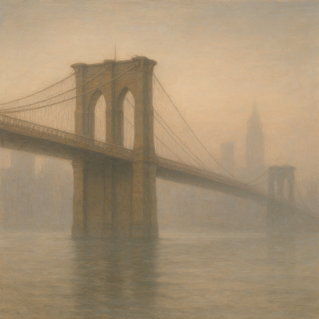 Brooklyn Bridge in Morning River Mist Oil Painting - View 1