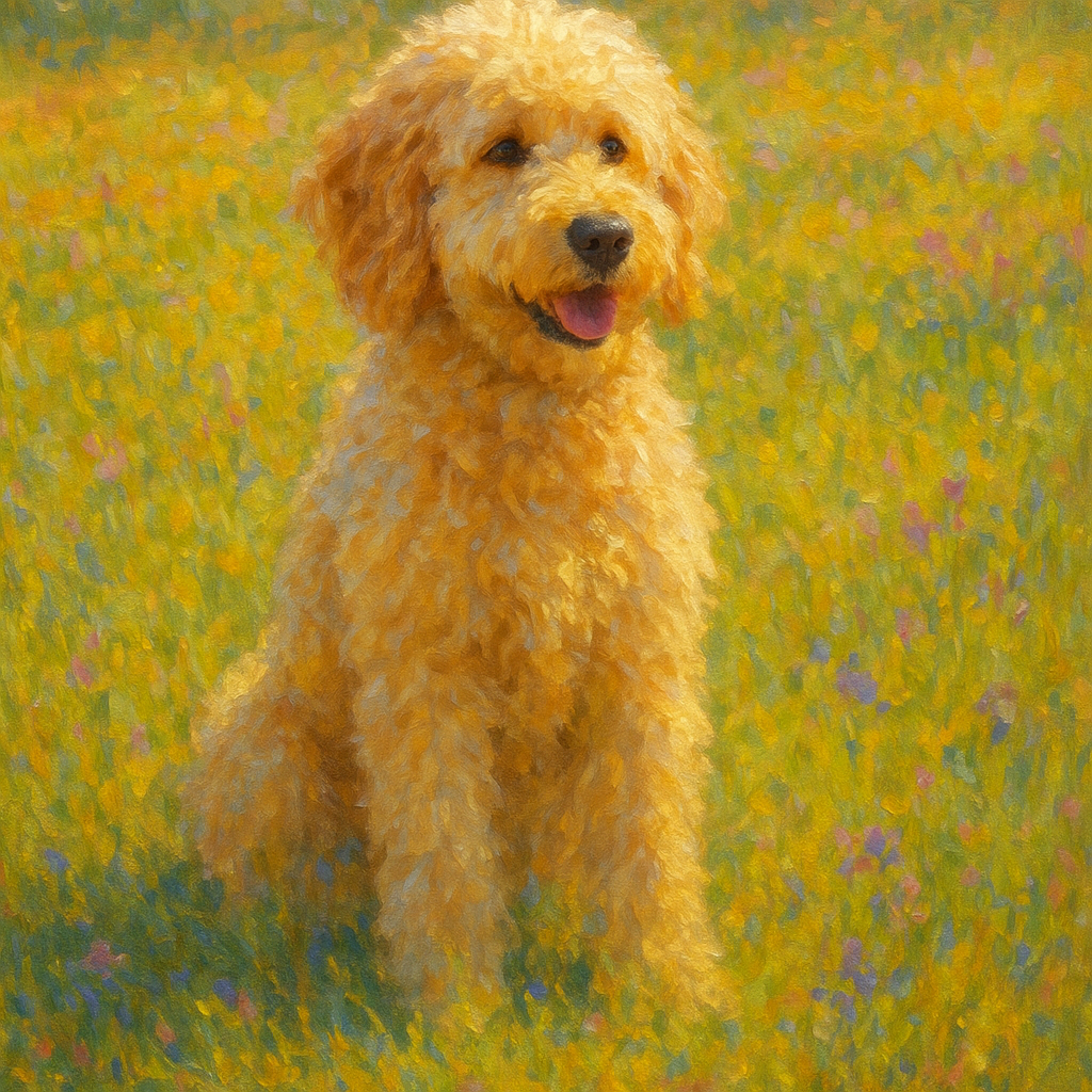 Fluffy Goldendoodle in Sun-Drenched Meadow No. 17 Fine Art Oil Painting - View 1