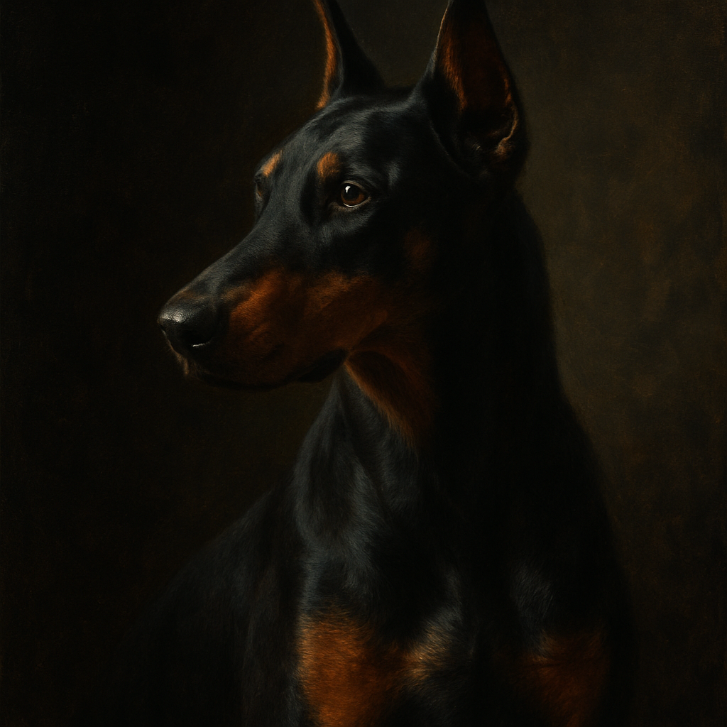 Alert Doberman Pinscher in Shadow & Light No. 7 Fine Art Oil Painting - View 1