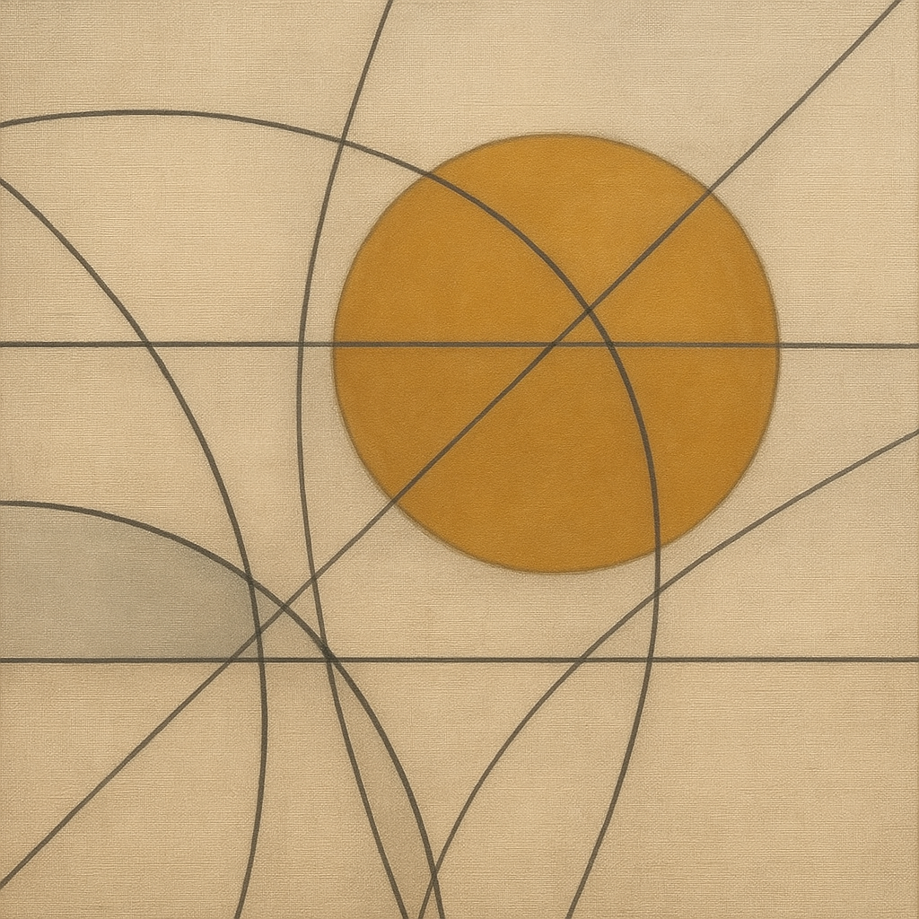 Abstract Tangent Lines & Earthy Ochre Disc No. 16 Oil Painting - View 1