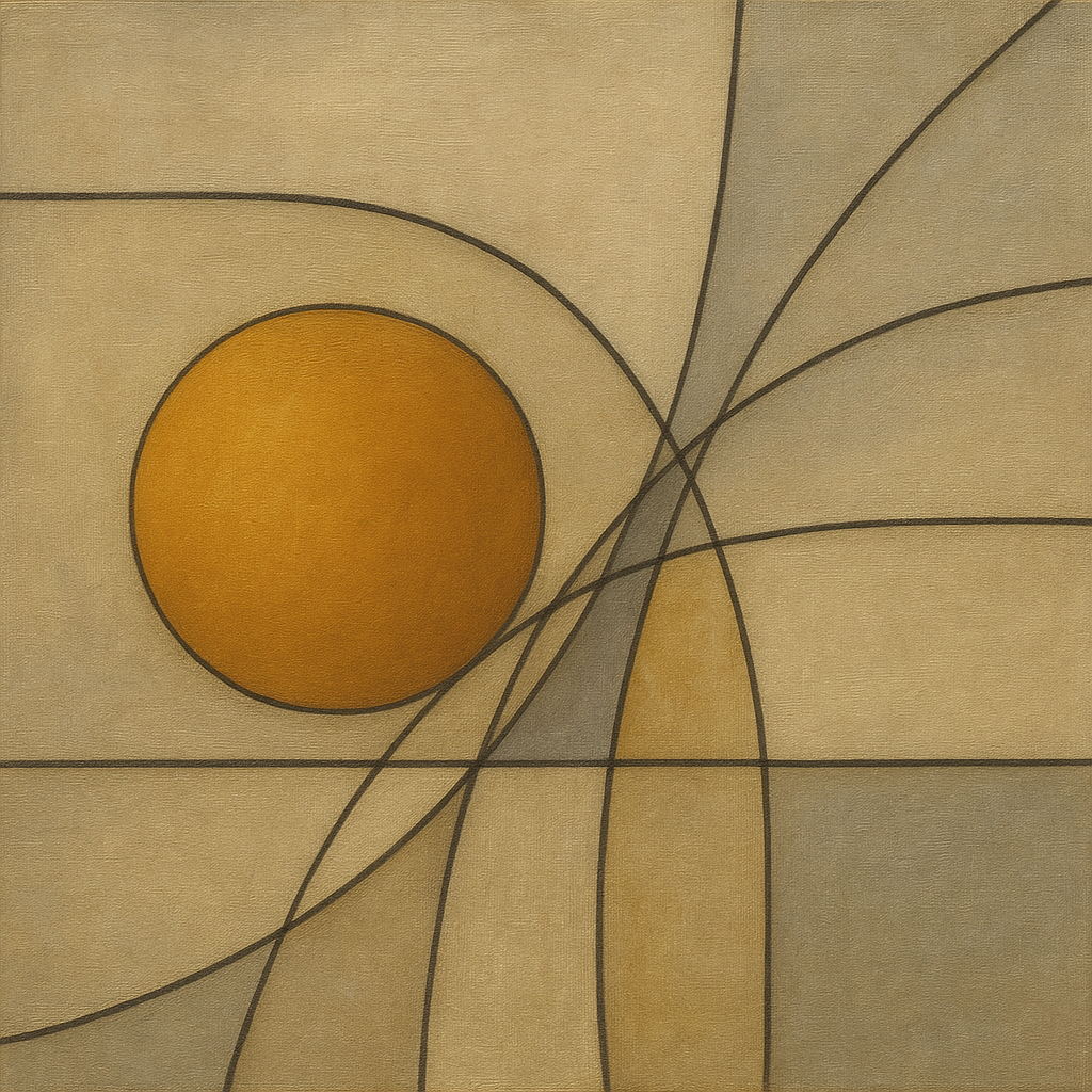 Abstract Tangent Lines & Earthy Ochre Disc No. 19 Oil Painting - View 1
