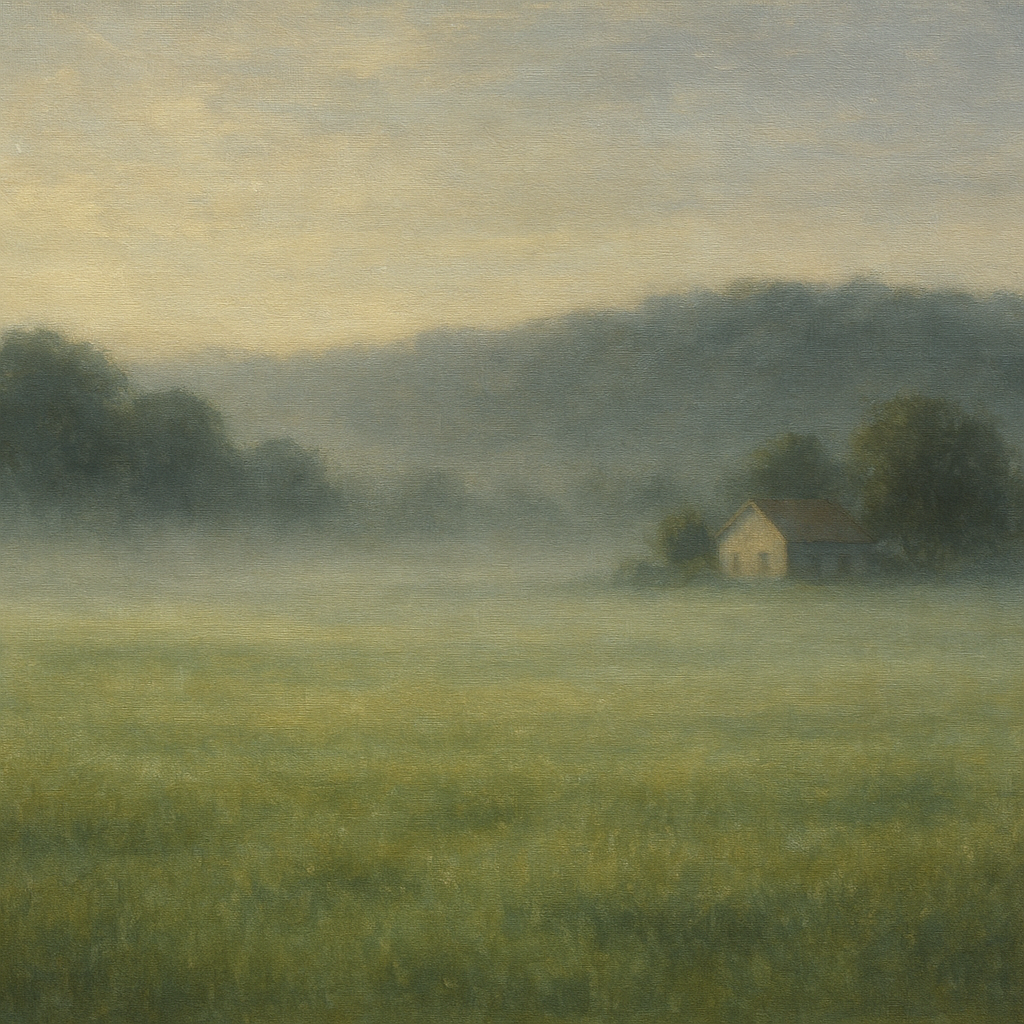 Misty Morning Pasture with Distant Wooded Ridge No. 2 Fine Art Oil Painting - View 1