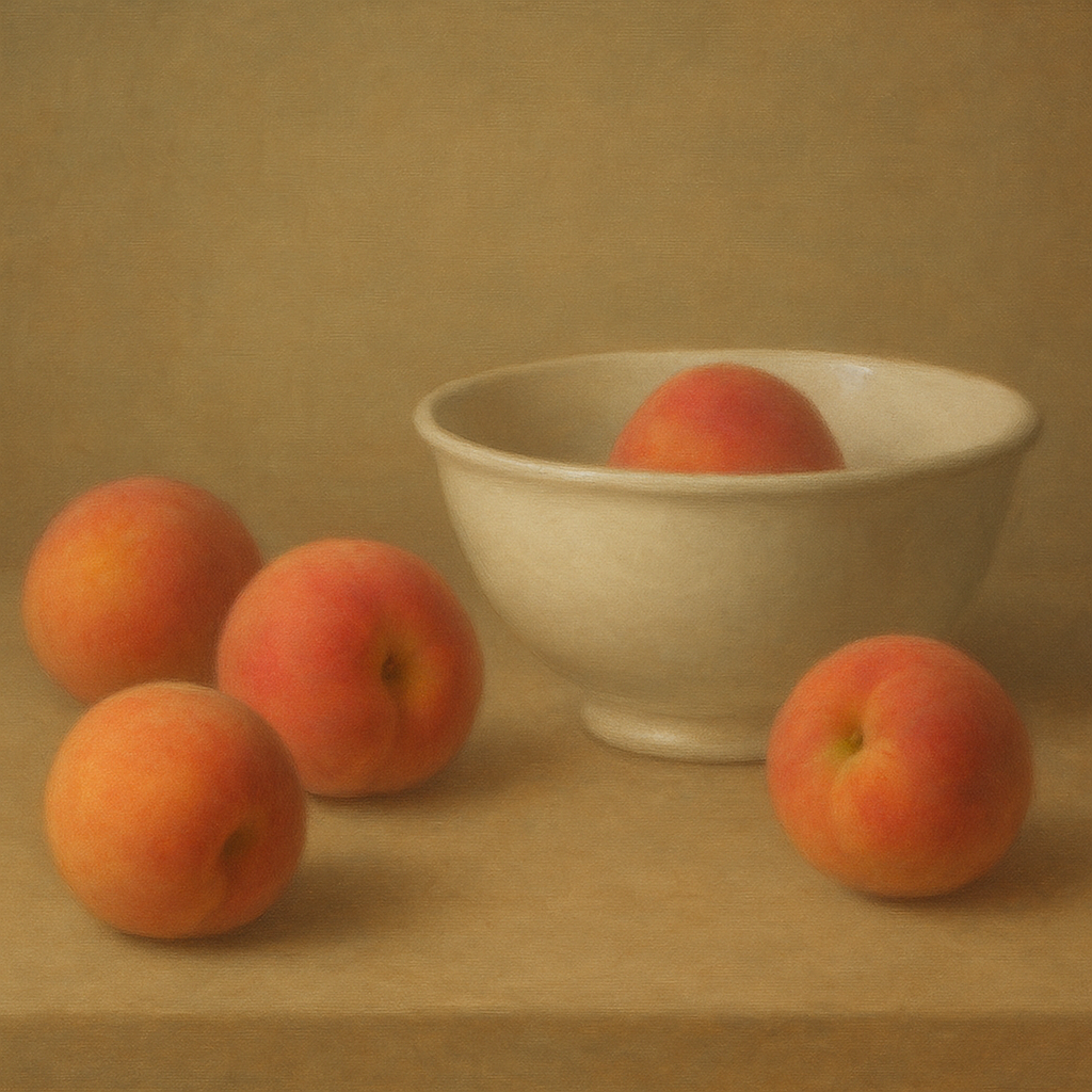 Heirloom Peaches & White Ceramic Bowl No. 6 Oil Painting - View 1