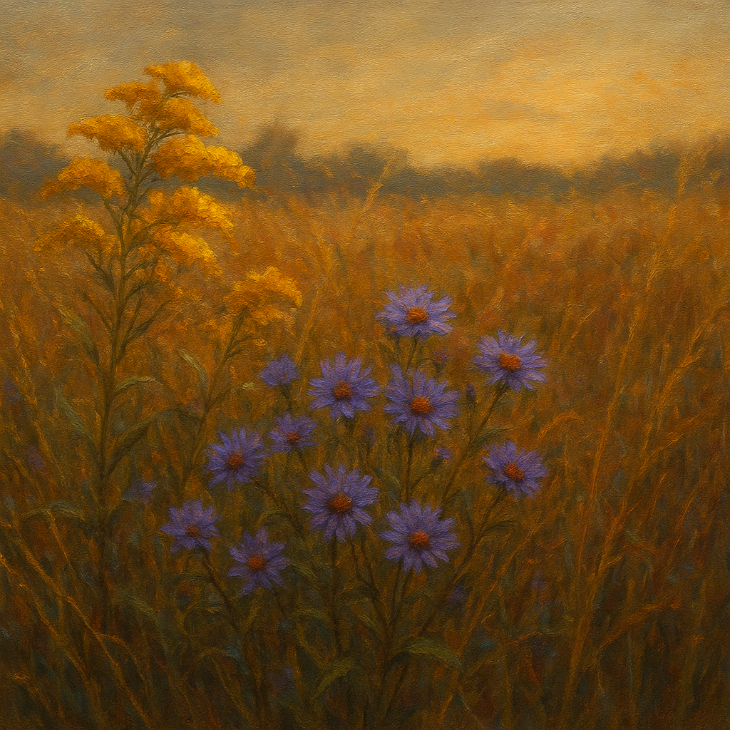 Goldenrod & Autumn Asters in Rustic Meadow No. 3 Fine Art Oil Painting - View 1