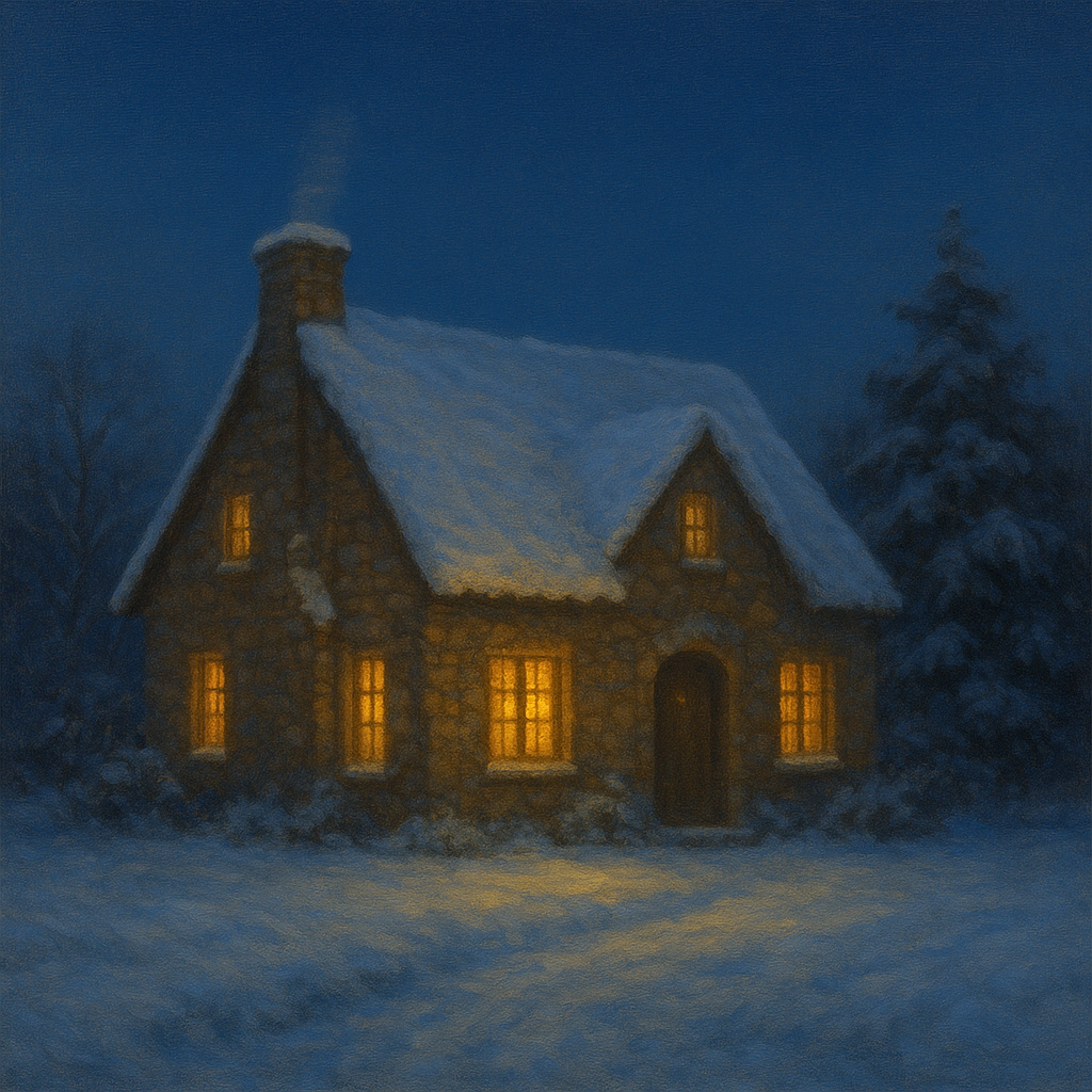 Snow-Dusted Stone Cottage at Twilight No. 8 Oil Painting - View 1