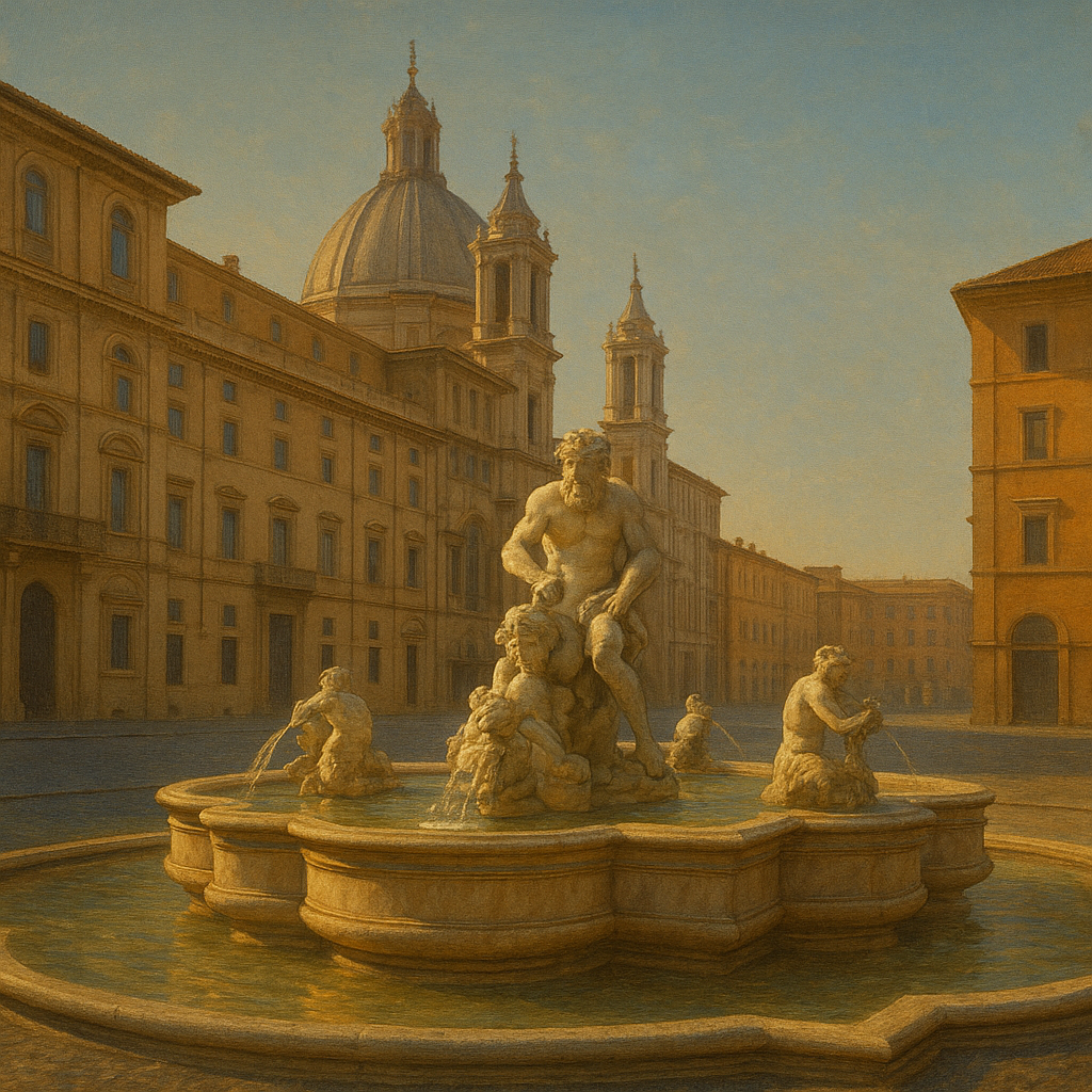 Rome Piazza Fountain in Morning Sunlight No. 2 Oil Painting - View 1