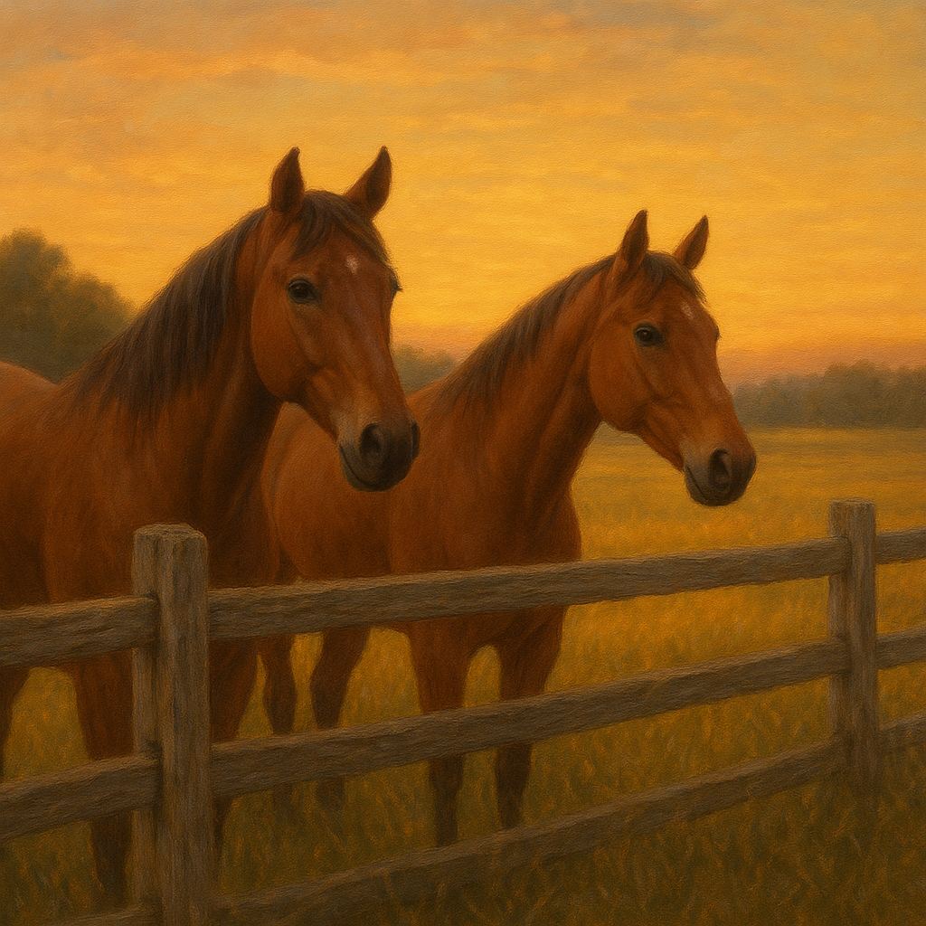 Two Horses at Rustic Post & Rail Fence No. 18 Oil Painting 100% Hand Painted Oil on Belgian Linen Canvas, Original Fine Art Wall Decor