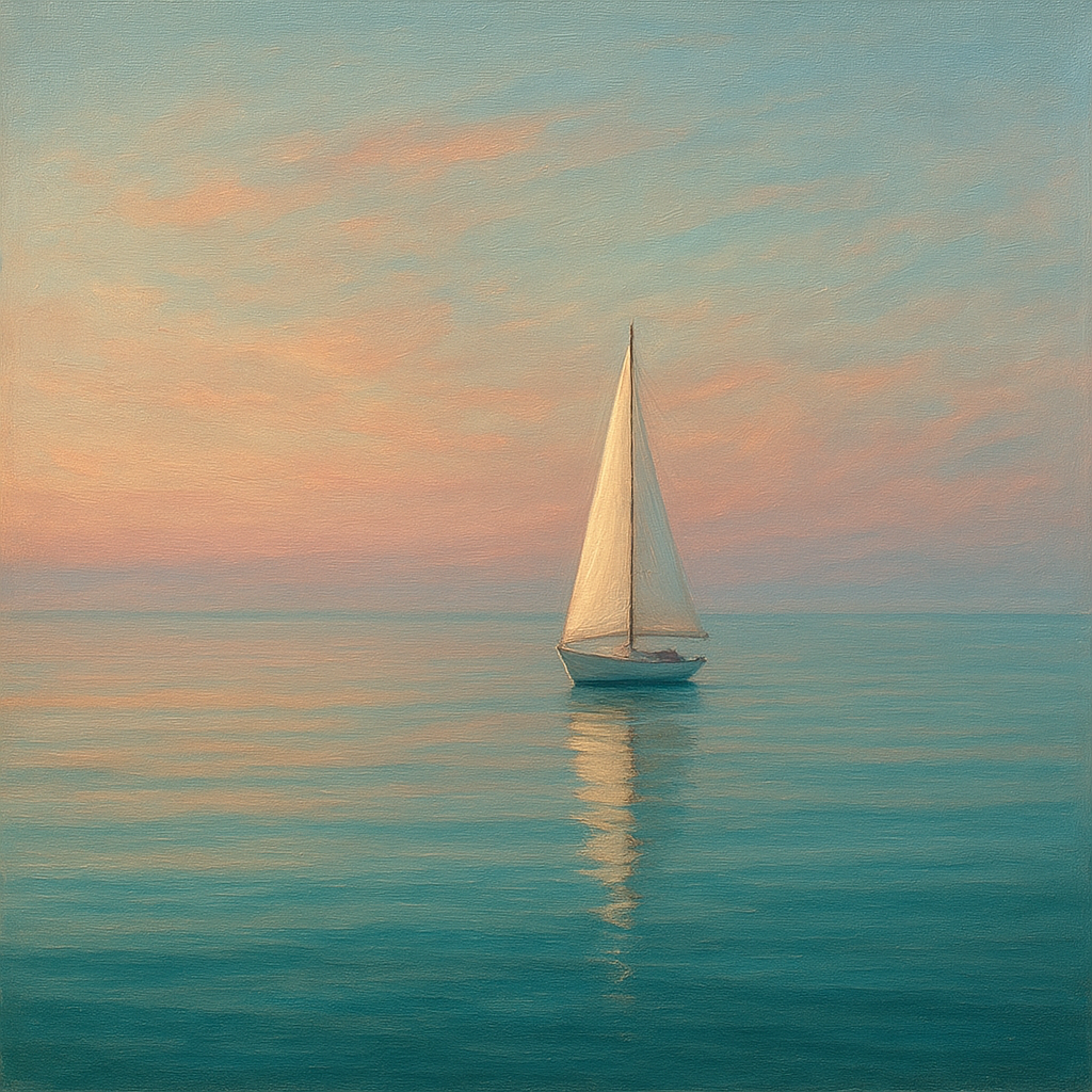 Solitary Sailboat on Vast Glass Horizon No. 9 Fine Art Oil Painting - View 1