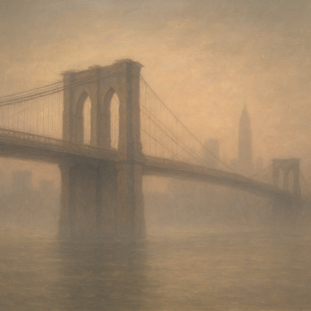 Brooklyn Bridge in Morning River Mist No. 19 Oil Painting - View 1