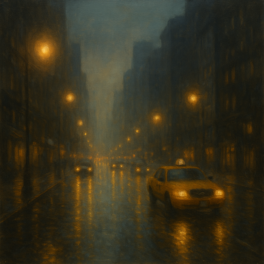 Rain-Drenched Manhattan Avenue Lights No. 2 Oil Painting - View 1