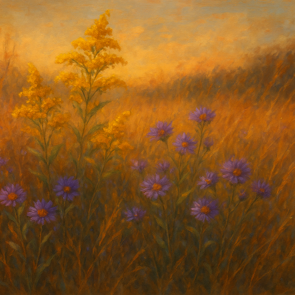 Goldenrod & Autumn Asters in Rustic Meadow No. 2 Fine Art Oil Painting - View 1