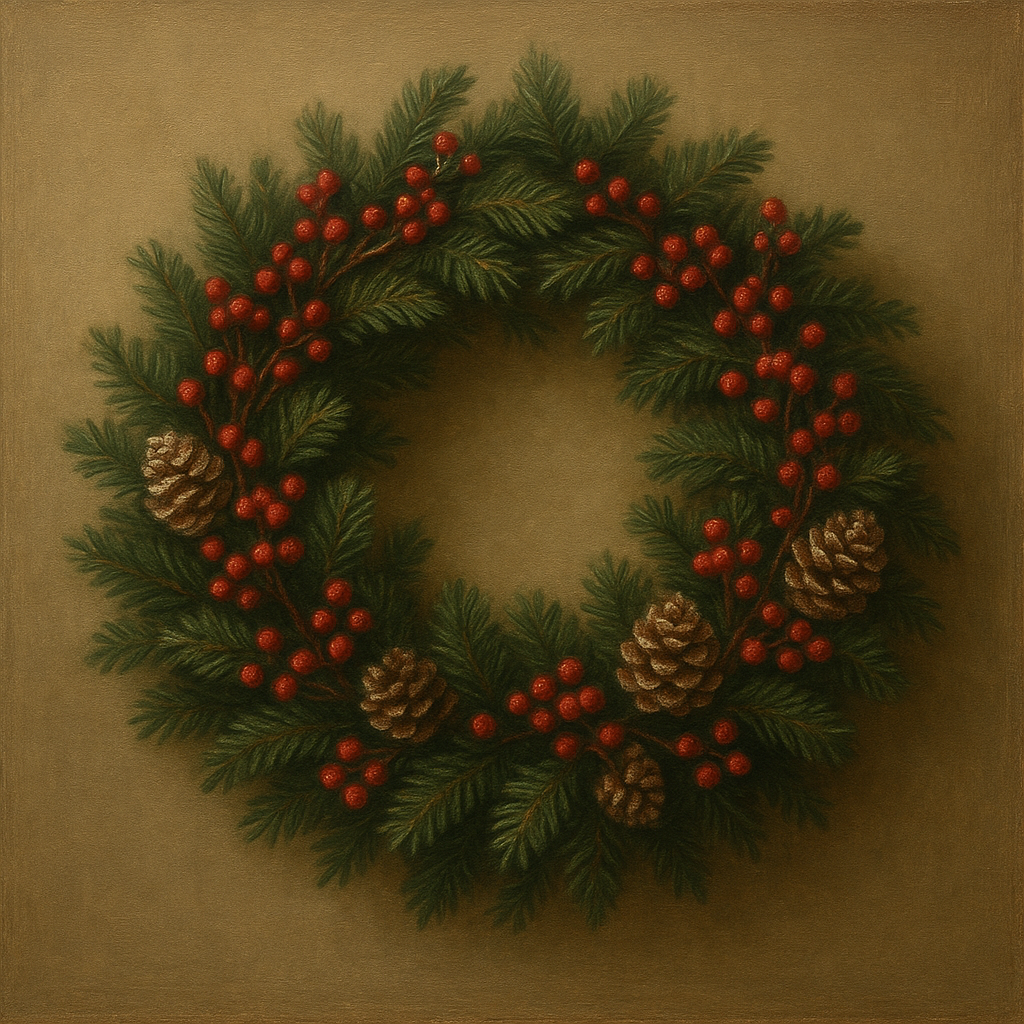 Vintage Holiday Botanical Wreath & Berries No. 5 Oil Painting - View 1