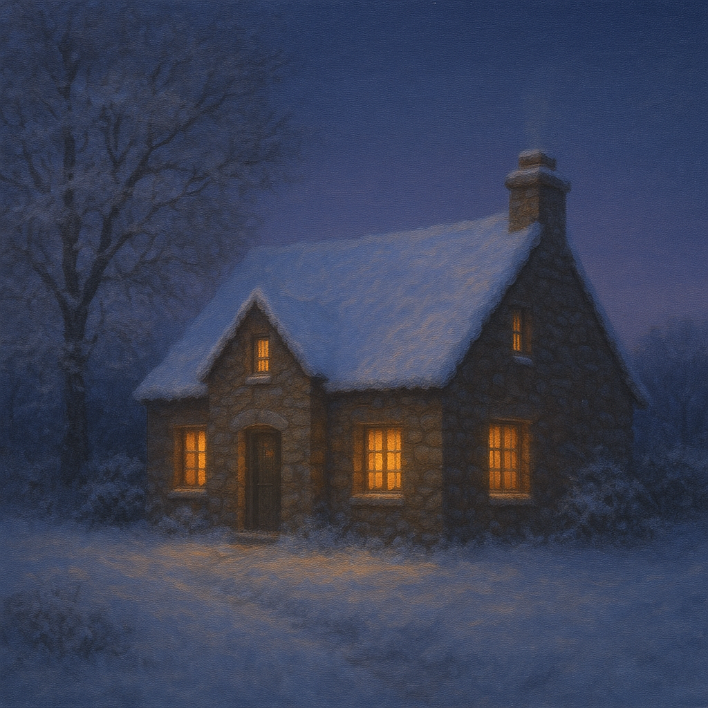 Snow-Dusted Stone Cottage at Twilight No. 5 Oil Painting - View 1