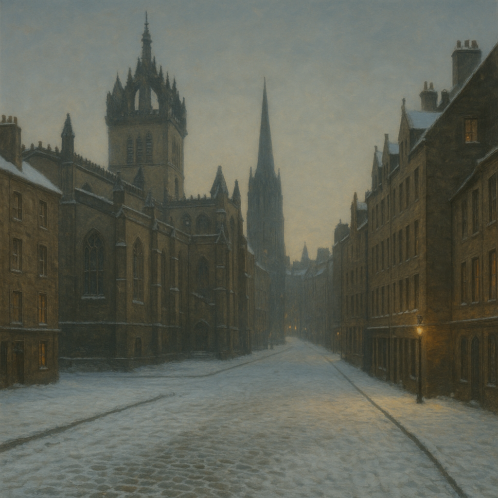 Edinburgh Old Town Royal Mile in Snow No. 24 Oil Painting - View 1