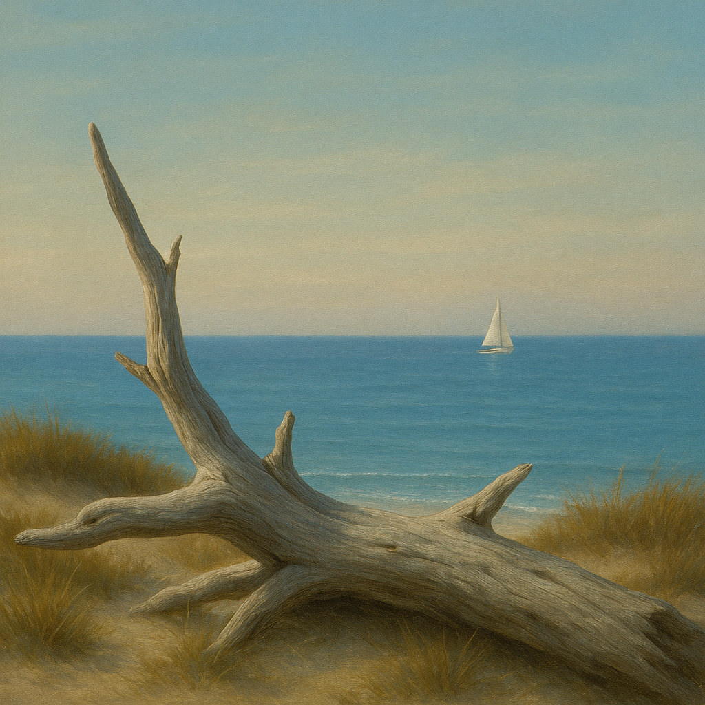 Sun-Bleached Driftwood & Distant Sailboat No. 3 Oil Painting 100% Hand Painted Oil on Belgian Linen Canvas, Original Fine Art Wall Decor