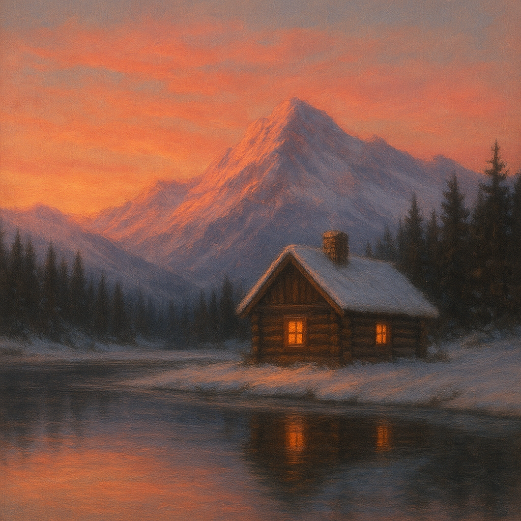 Winter Solstice Mountain Cabin Reflection No. 4 Oil Painting - View 1