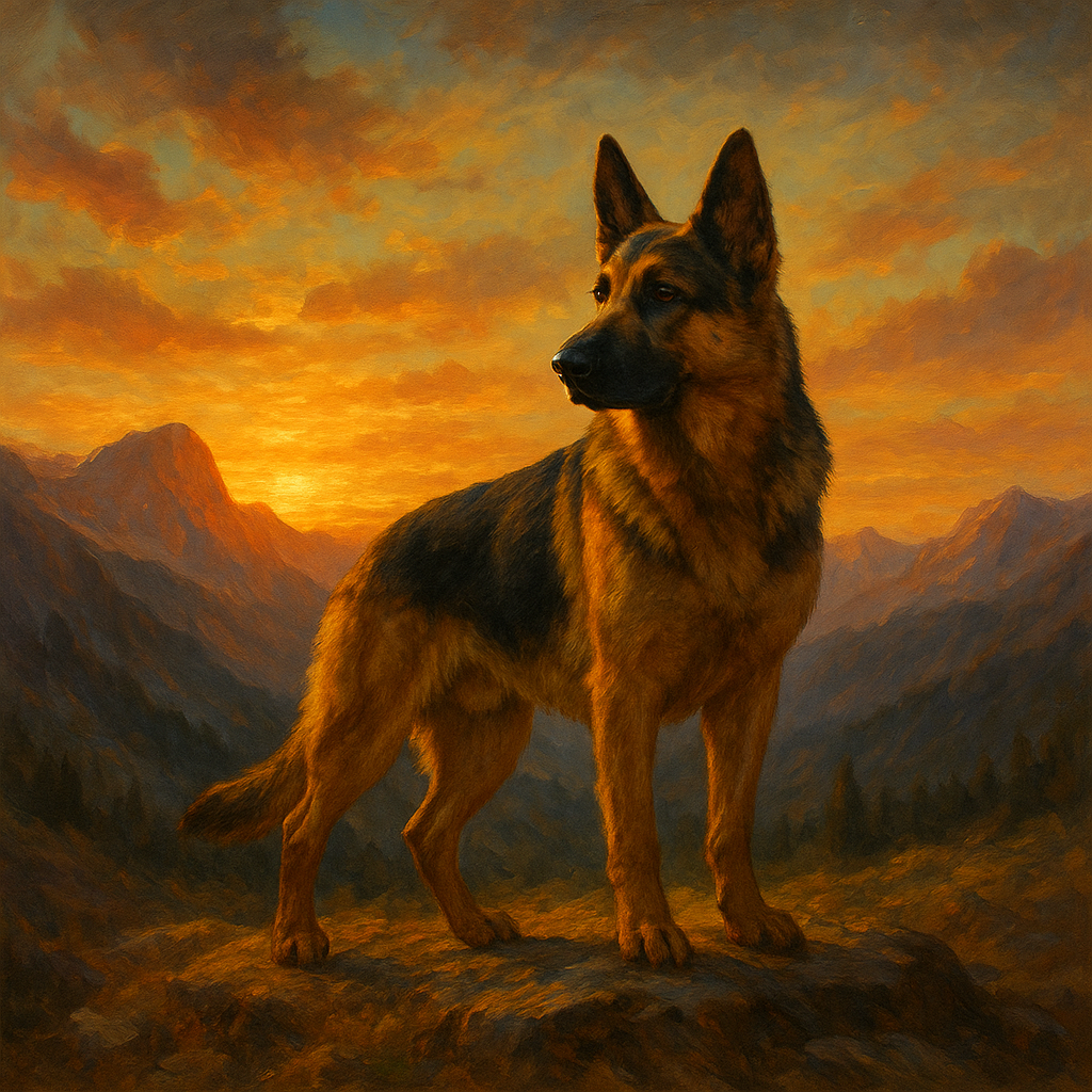 German Shepherd Standing in Alpine Sunset No. 12 Fine Art Oil Painting - View 1