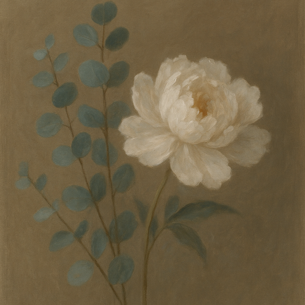 Eucalyptus & White Peony Minimalist Flora No. 8 Fine Art Oil Painting - View 1