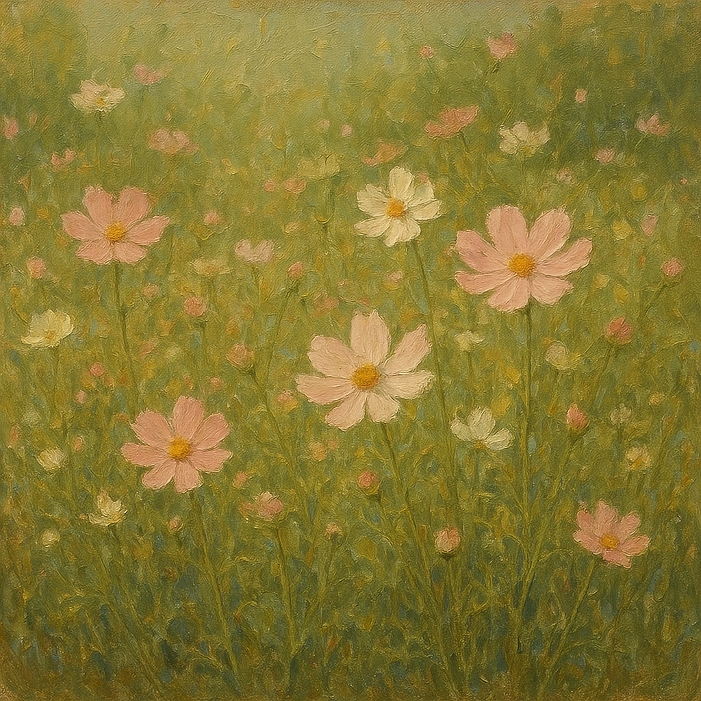 Wild Meadow Cosmos Flowers Oil Painting - View 1