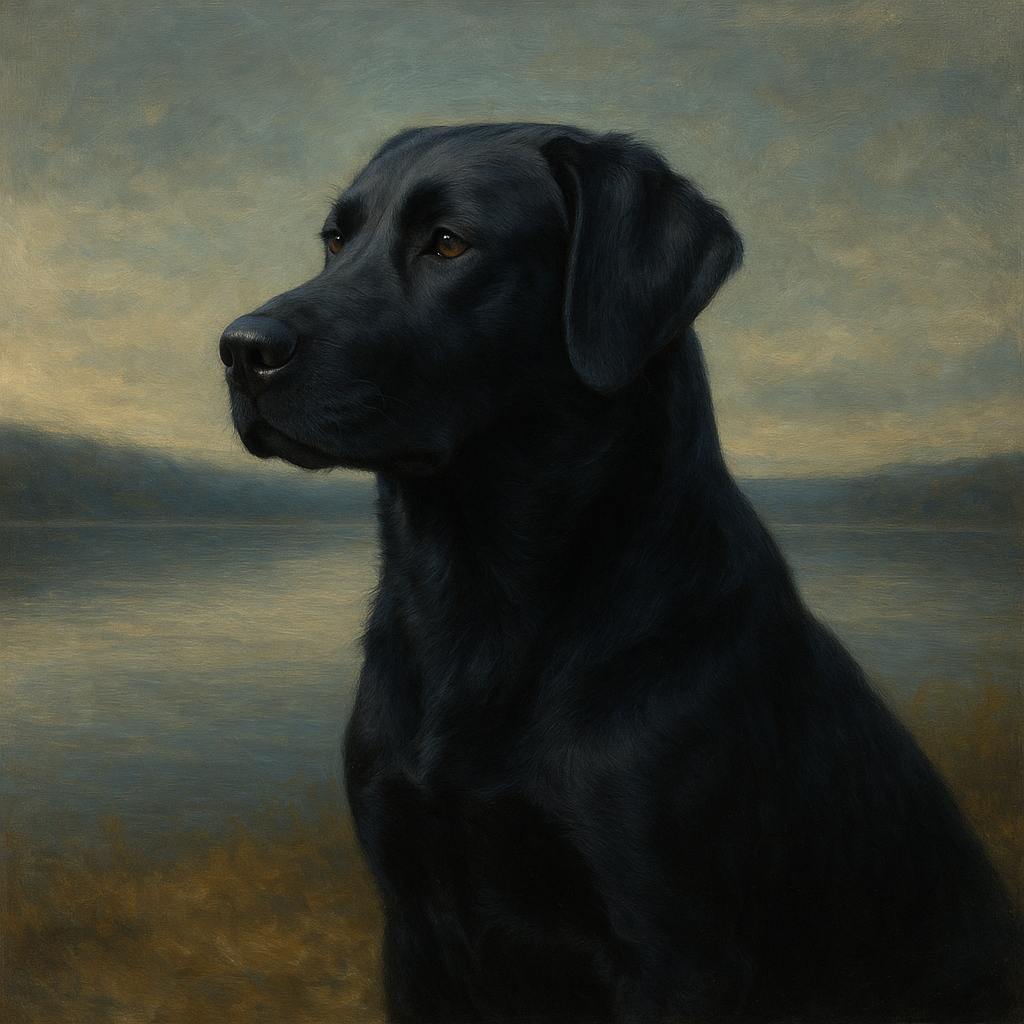Black Labrador Retriever by Misty Lake Horizon No. 4 Fine Art Oil Painting - View 1