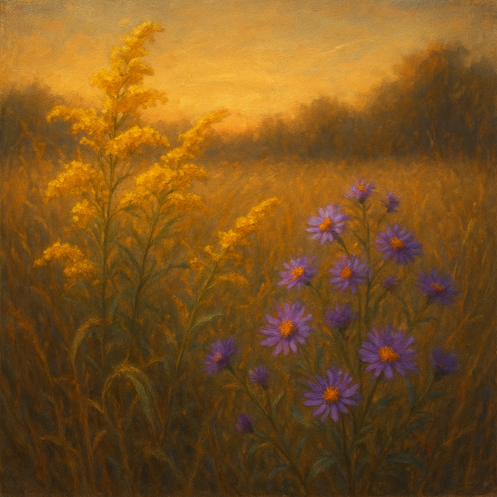 Goldenrod & Autumn Asters in Rustic Meadow No. 6 Fine Art Oil Painting - View 1
