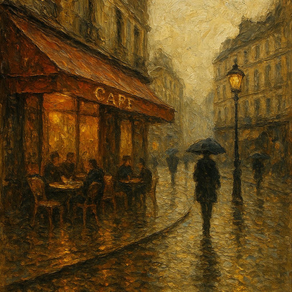 Parisian Cafe Rain Reflections Oil Painting - 100% Hand-Painted Master Oil Painting