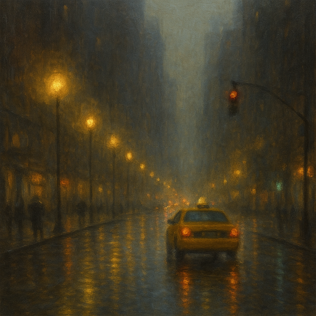 Rain-Drenched Manhattan Avenue Lights No. 10 Oil Painting - View 1