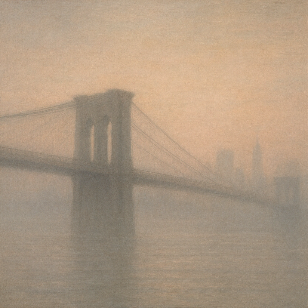Brooklyn Bridge in Morning River Mist No. 17 Oil Painting - View 1