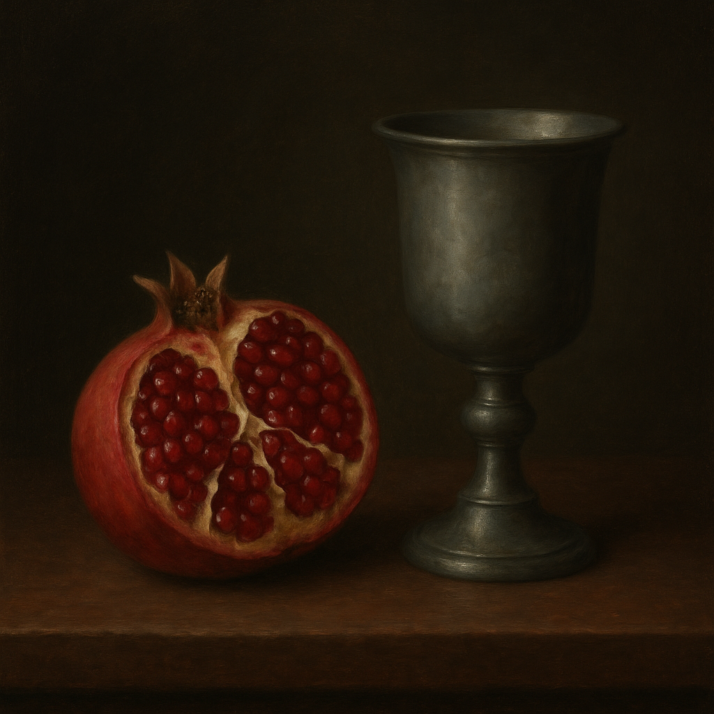 Pomegranate & Vintage Pewter Goblet No. 3 Oil Painting - View 1