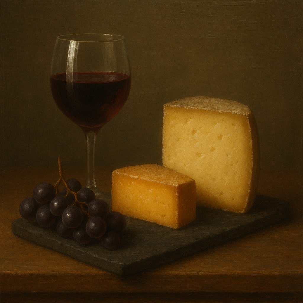 Burgundy Wine Glass & Aged Cheese Board No. 5 Oil Painting - View 1