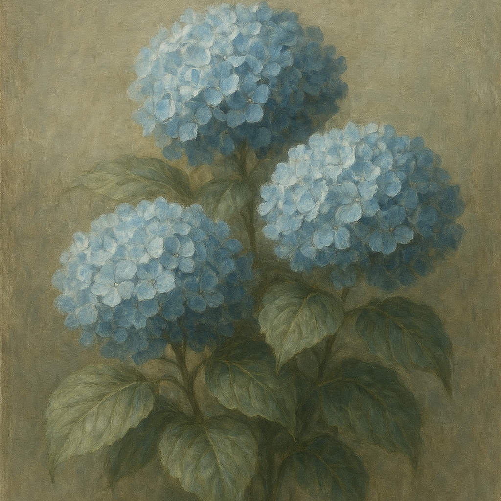 Hydrangea Trio in Dusty Blue & Antiqued Sage Fine Art Oil Painting - View 1