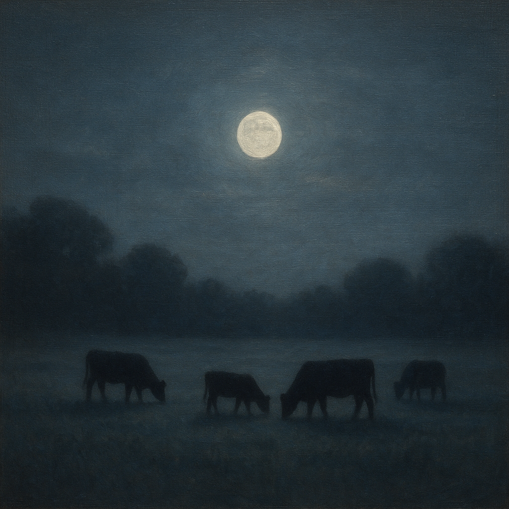 Moonlit Pastoral Meadow & Cattle Silhouettes No. 10 Oil Painting - View 1