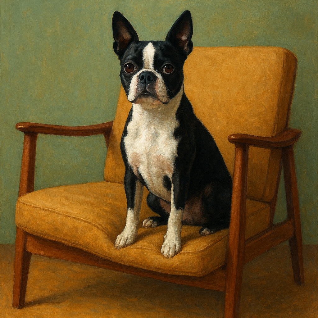 Boston Terrier in Warm Mid-Century Armchair No. 6 Fine Art Oil Painting - View 1