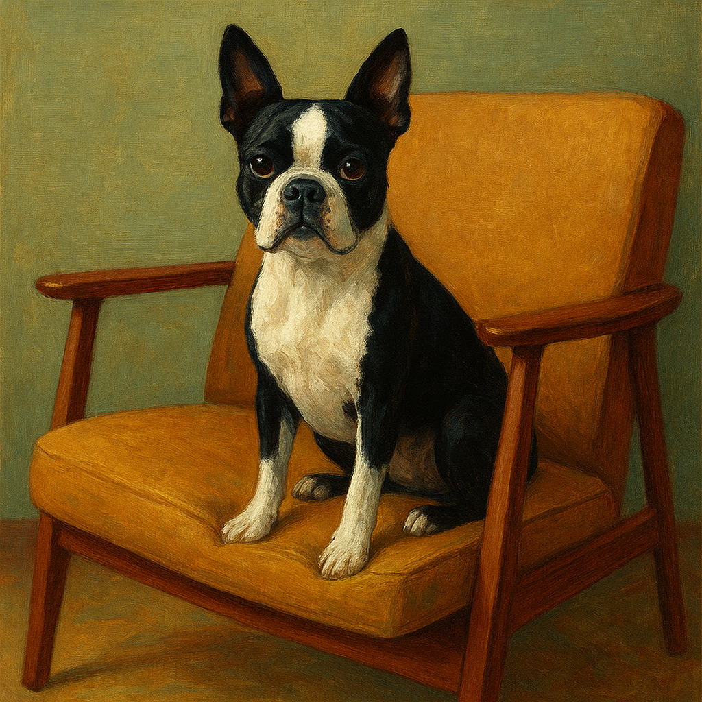Boston Terrier in Warm Mid-Century Armchair No. 10 Fine Art Oil Painting - View 1