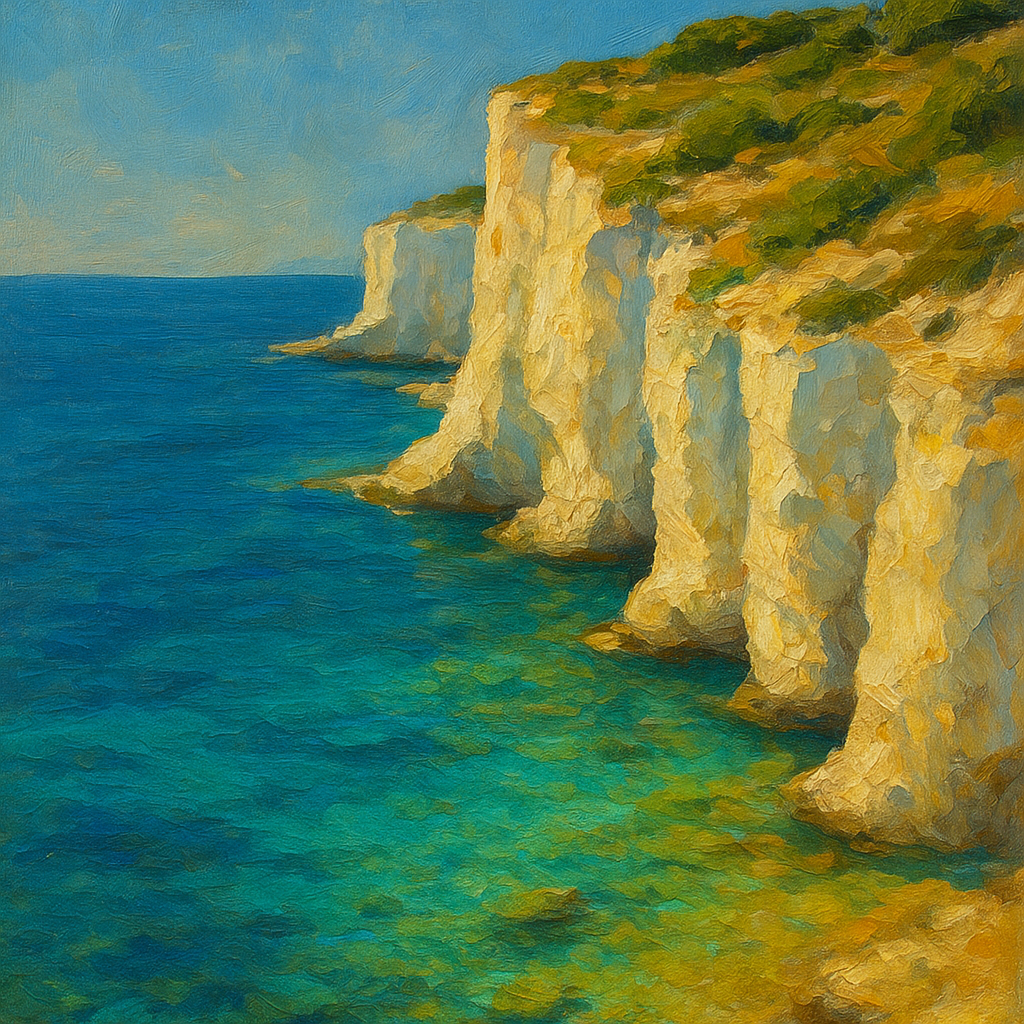 Mediterranean White Cliffs & Azure Horizon No. 8 Fine Art Oil Painting - View 1