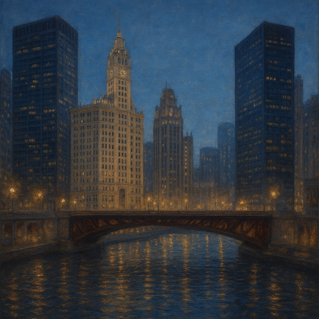 Chicago Riverfront Architecture at Blue Hour No. 19 Oil Painting - View 1