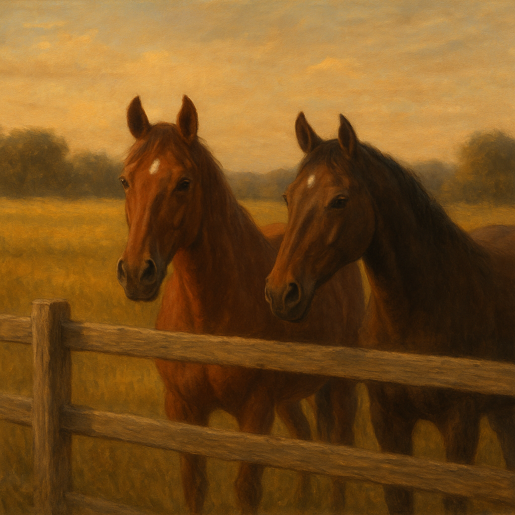 Two Horses at Rustic Post & Rail Fence No. 6 Oil Painting - View 1