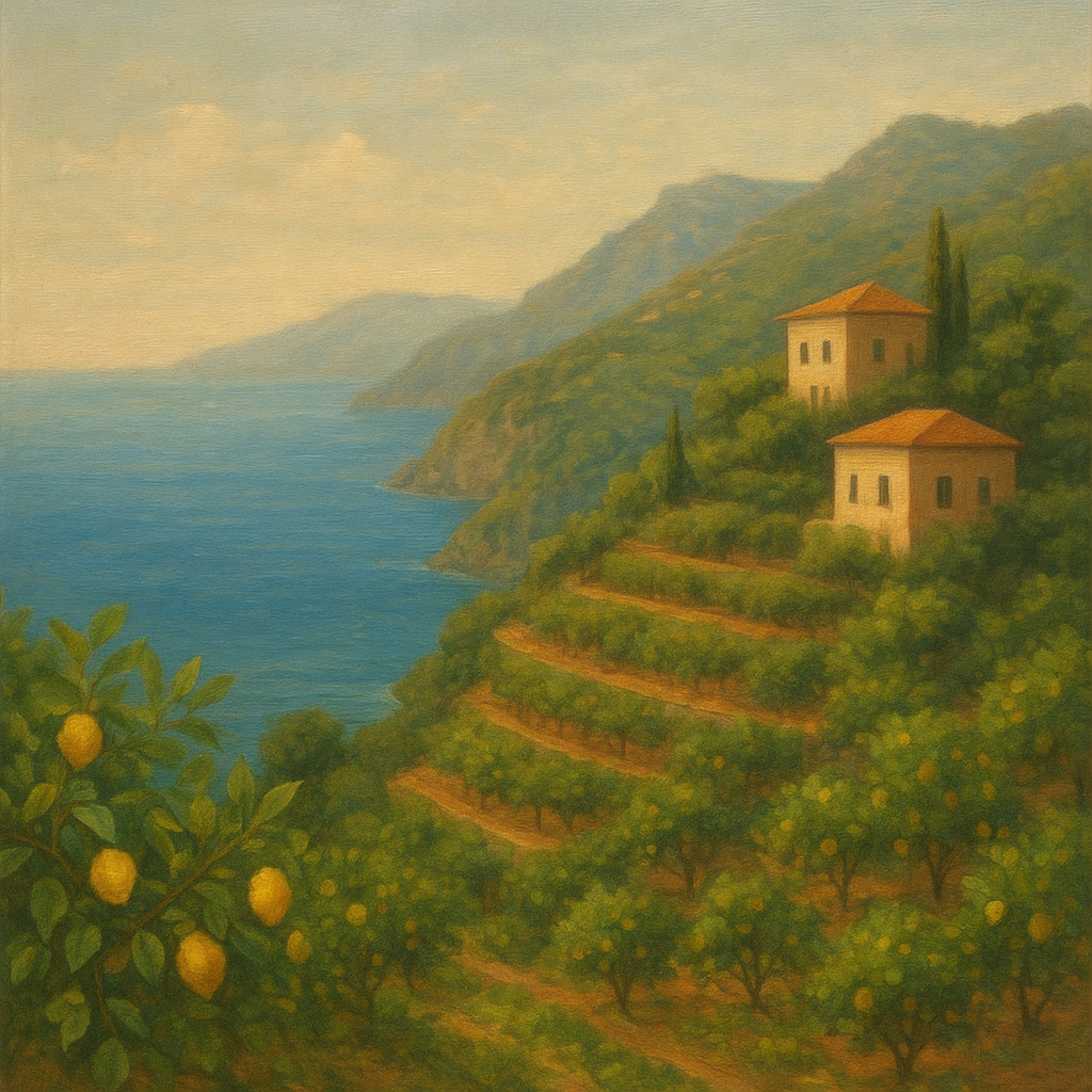 Italian Amalfi Coastline Terraces & Lemon Grove No. 16 Oil Painting - View 1