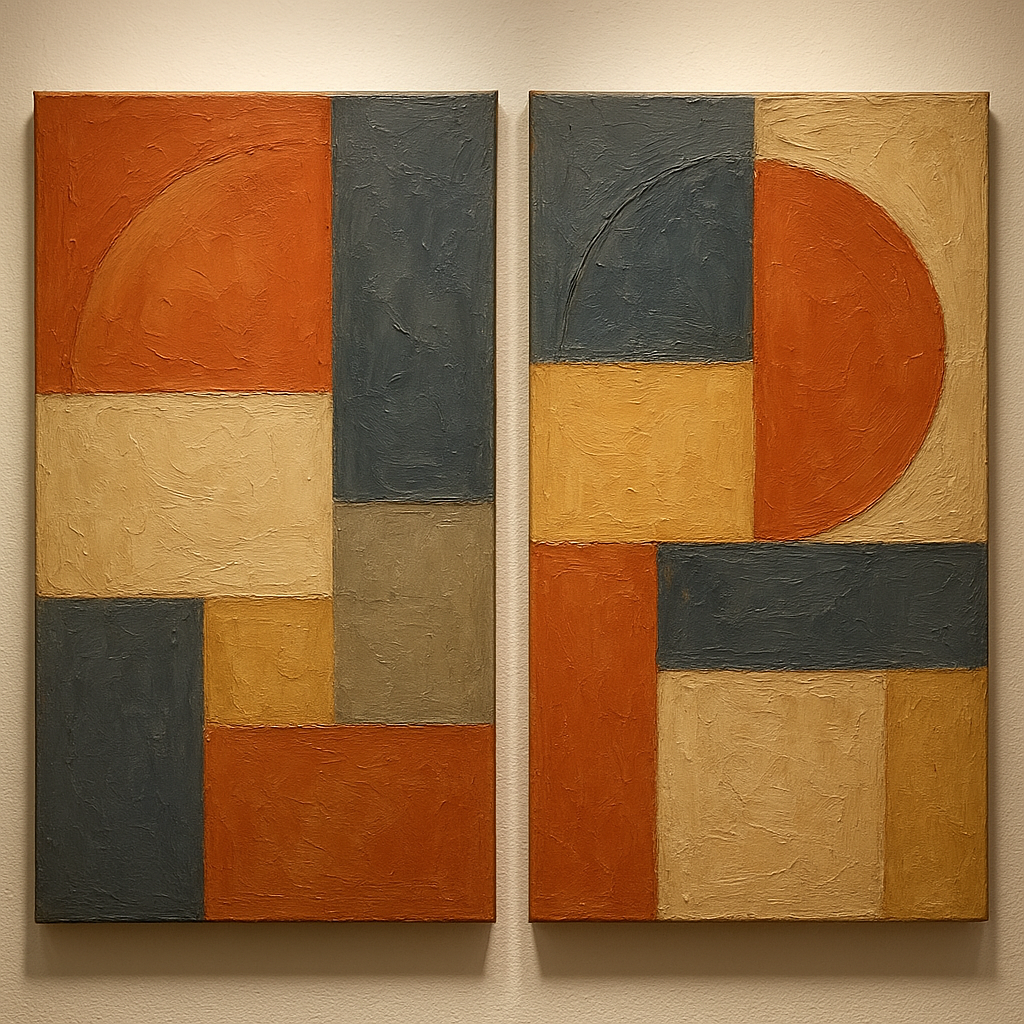 Mid-Century Geometric Duet Oil Painting - 100% Hand-Painted Master Oil Painting