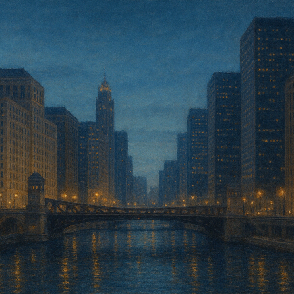 Chicago Riverfront Architecture at Blue Hour No. 24 Oil Painting - View 1