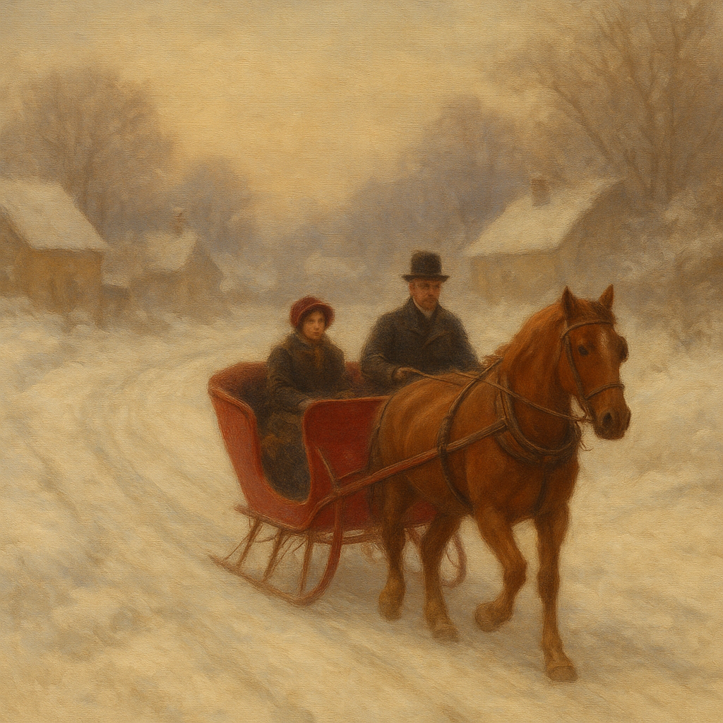 Horse-Drawn Sleigh on Village Snow Road No. 10 Oil Painting - View 1