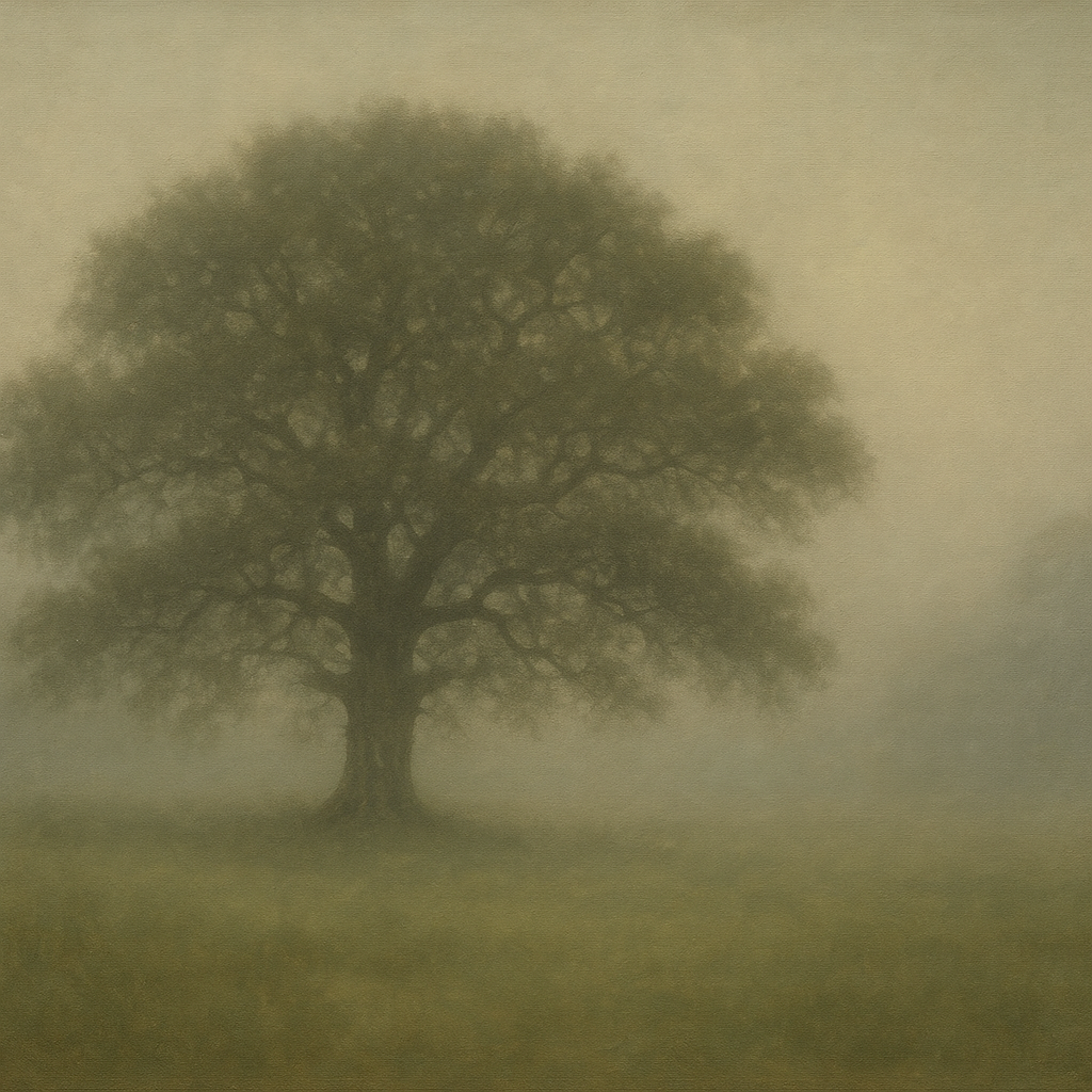 Ancient Solitary Oak in Morning Fog No. 5 Oil Painting - View 1