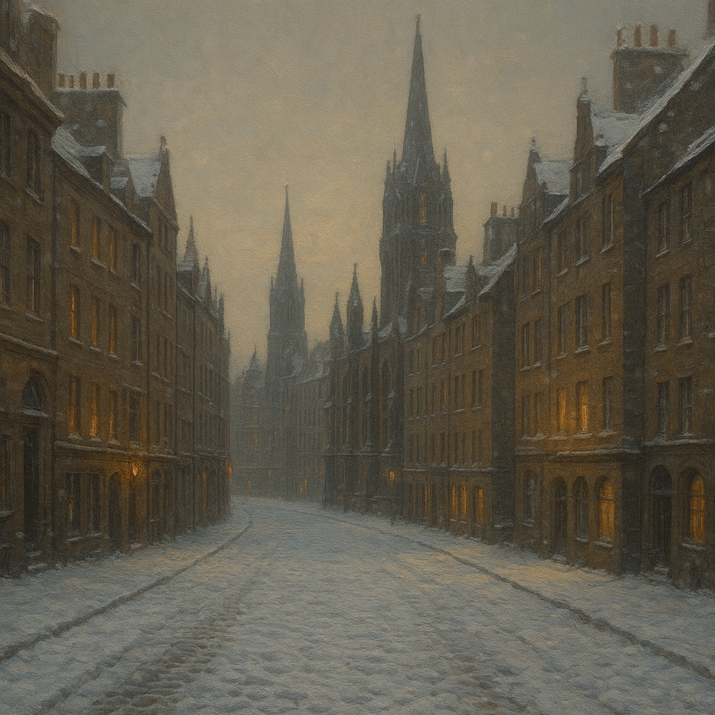 Edinburgh Old Town Royal Mile in Snow No. 8 Oil Painting - View 1