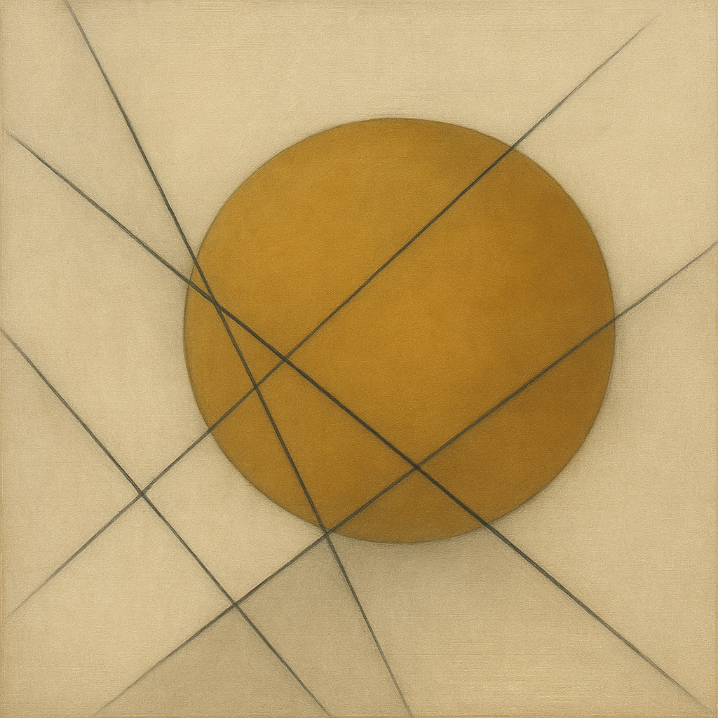 Abstract Tangent Lines & Earthy Ochre Disc No. 21 Oil Painting - View 1