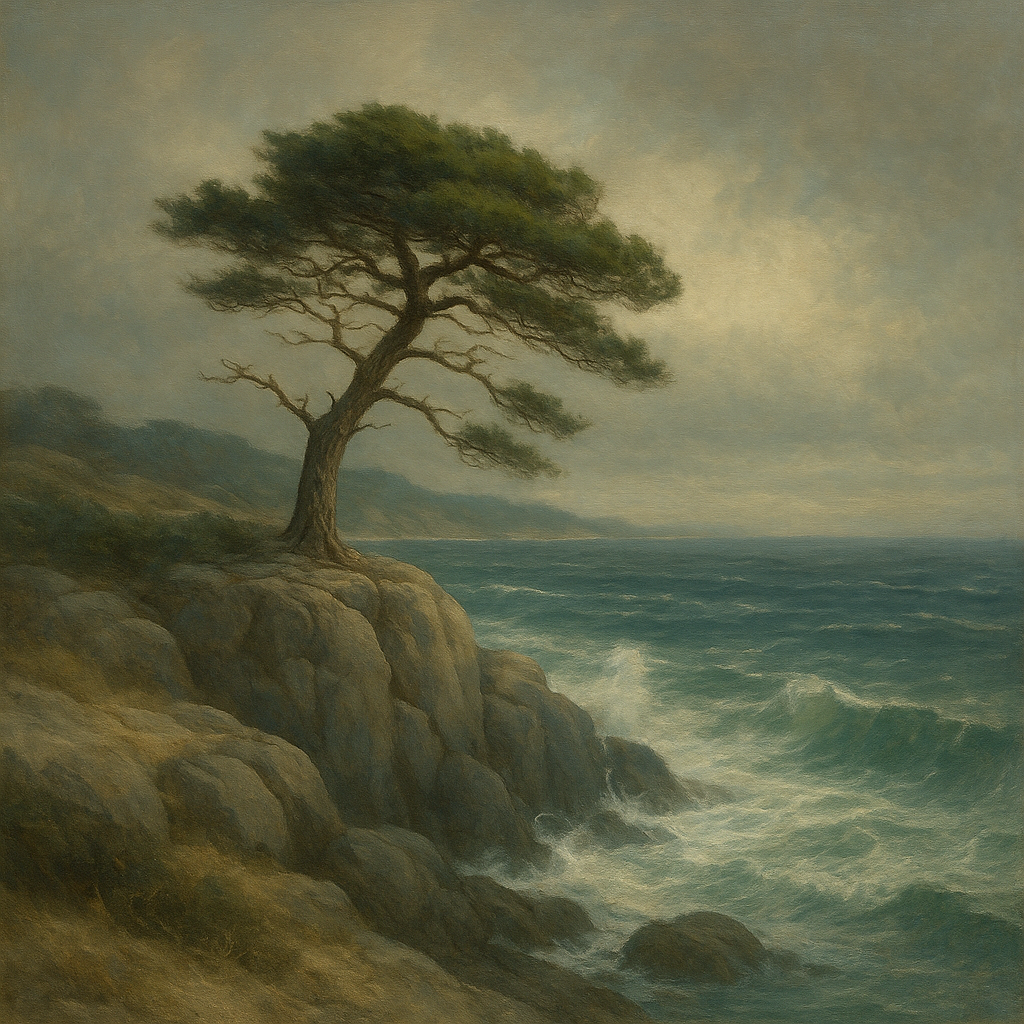 Wild Coastal Pine on Stormy Granite Cliff No. 2 Oil Painting - View 1
