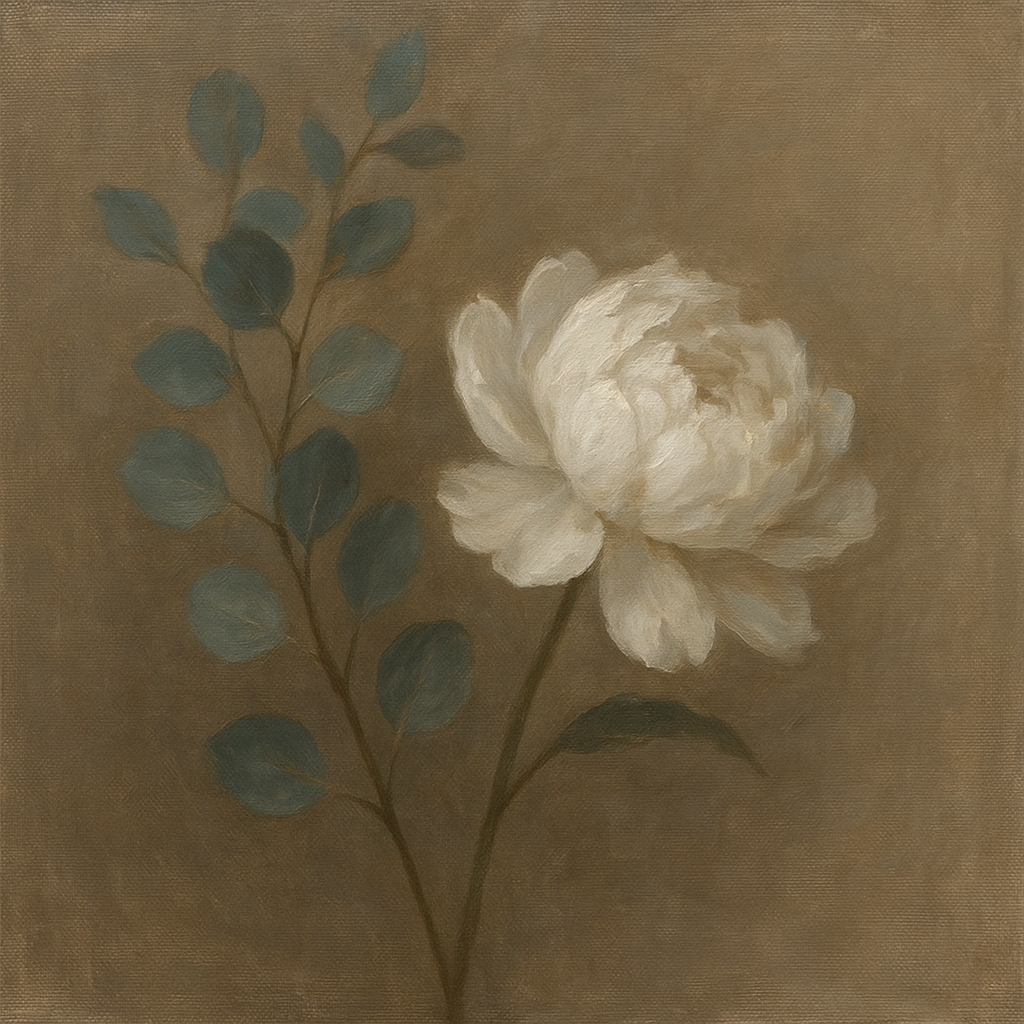 Eucalyptus & White Peony Minimalist Flora No. 2 Fine Art Oil Painting - View 1